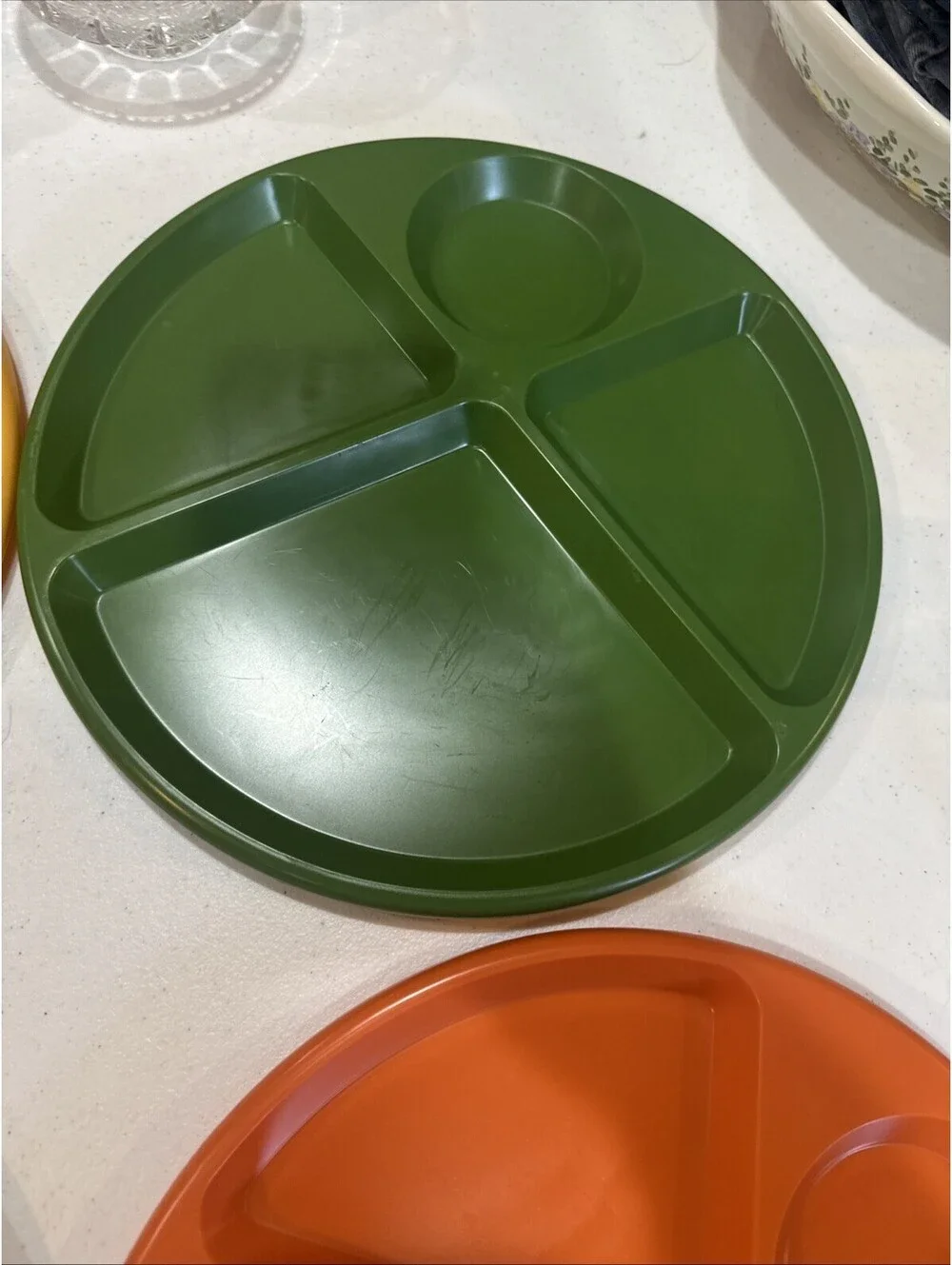 Vintage 80s plastic sectioned  plates retro orange green yellow cream set of 4
